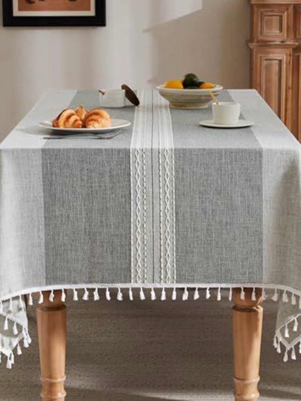 Gray and White Tassel Tablecloth - Home Dining